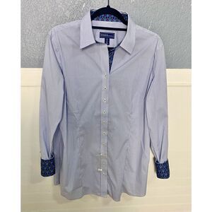 Essex Classics Women’s Long Sleeve Pinstripe Button-Up Shirt White & Blue